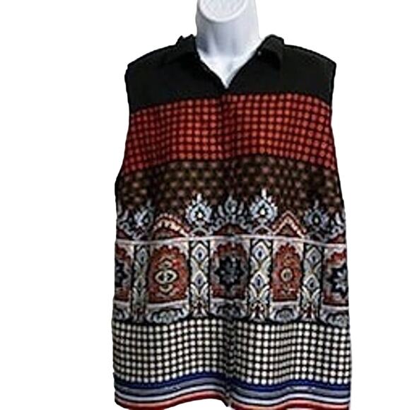 Vince Camuto Size 2X Black & Red Boho Pattern Sleeveless Blouse - Picture 1 of 8